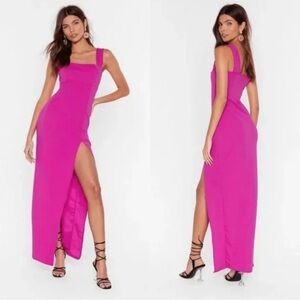 Nasty Gal Maxi Dress Hot Pink Square With Me Size 2 Vibrant Bright Long Slit